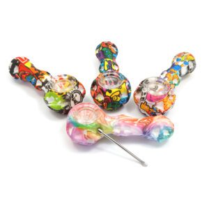 PIPA DE SILICONA SPOON CON IMPRESION WATER TRANSFER, BOL DE VIDRIO Y DABBER DE ACERO INOXIDABLE
